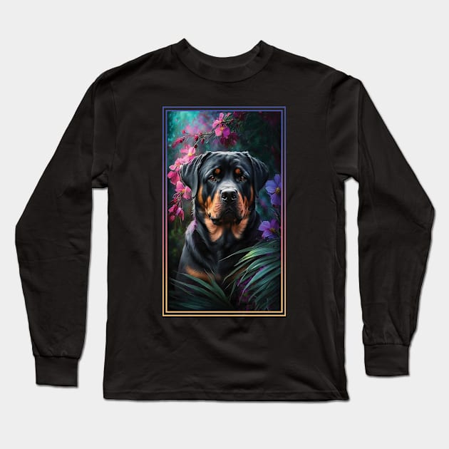 Rottweiler Dog Vibrant Tropical Flower Tall Digital Oil Painting Portrait 2 Long Sleeve T-Shirt by ArtHouseFlunky